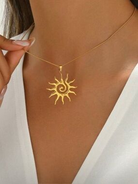 Gold Plated Stainless Steel Sun Pendant Necklace
